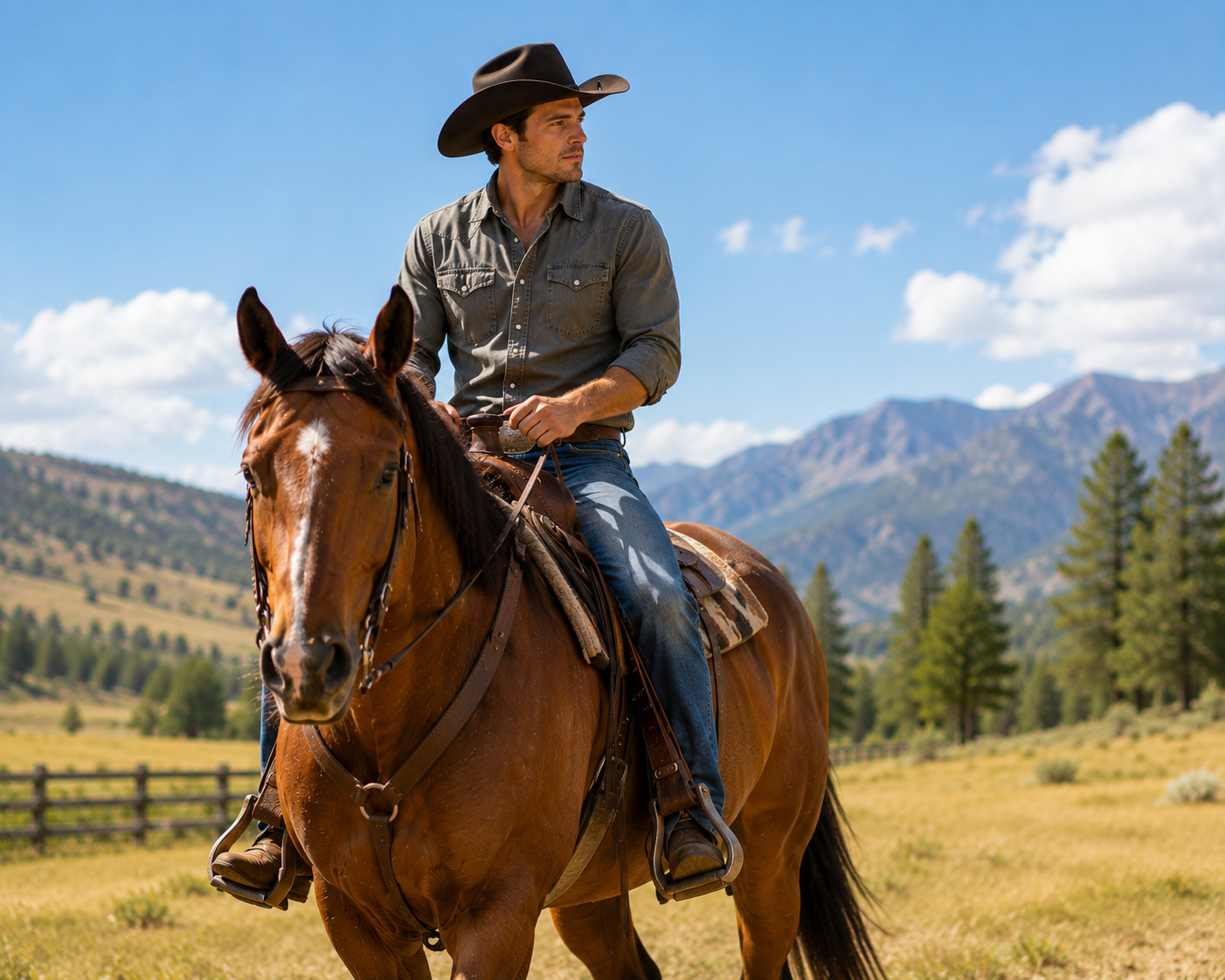 Horse and rider in a mountain pasture