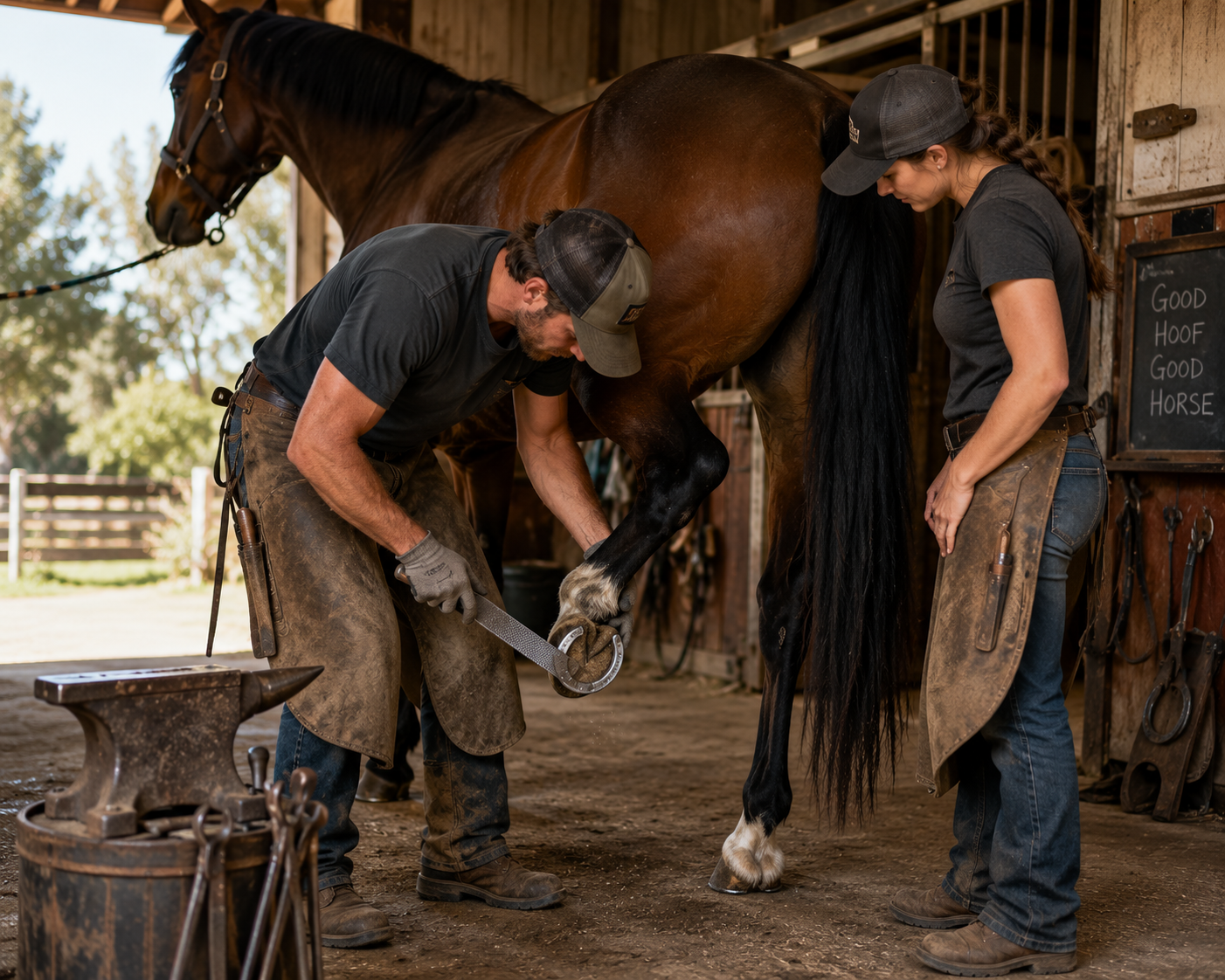 Farrier trimming a horse's hoof